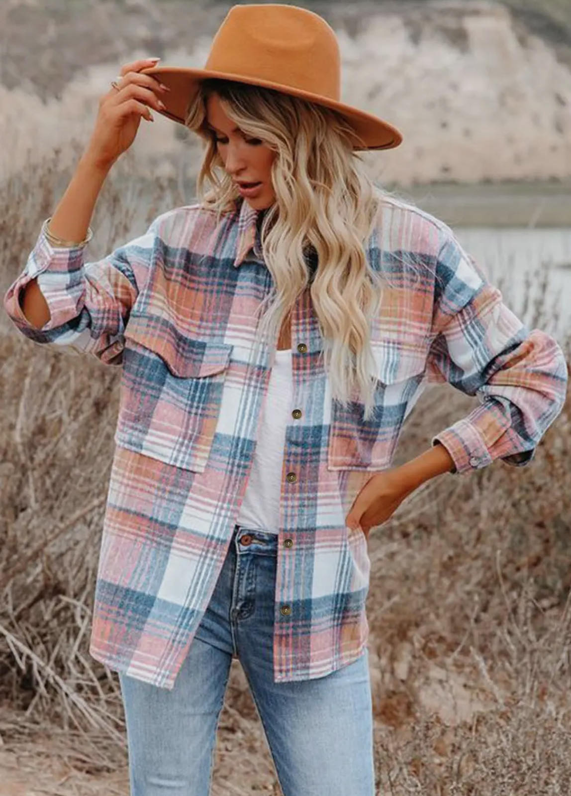 Casual Plaid Pocket Shacket