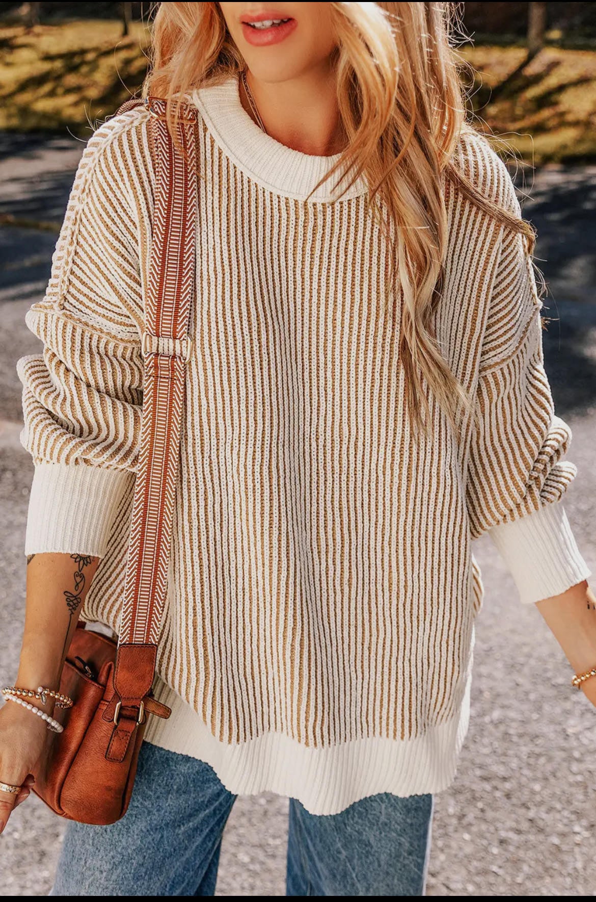 Chestnut Striped Textured Knit Loose Sweater