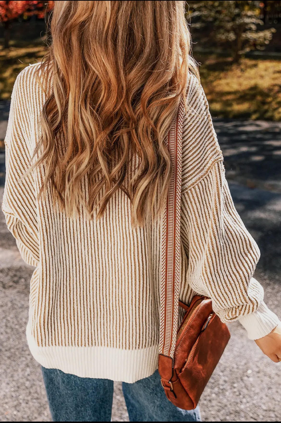 Chestnut Striped Textured Knit Loose Sweater