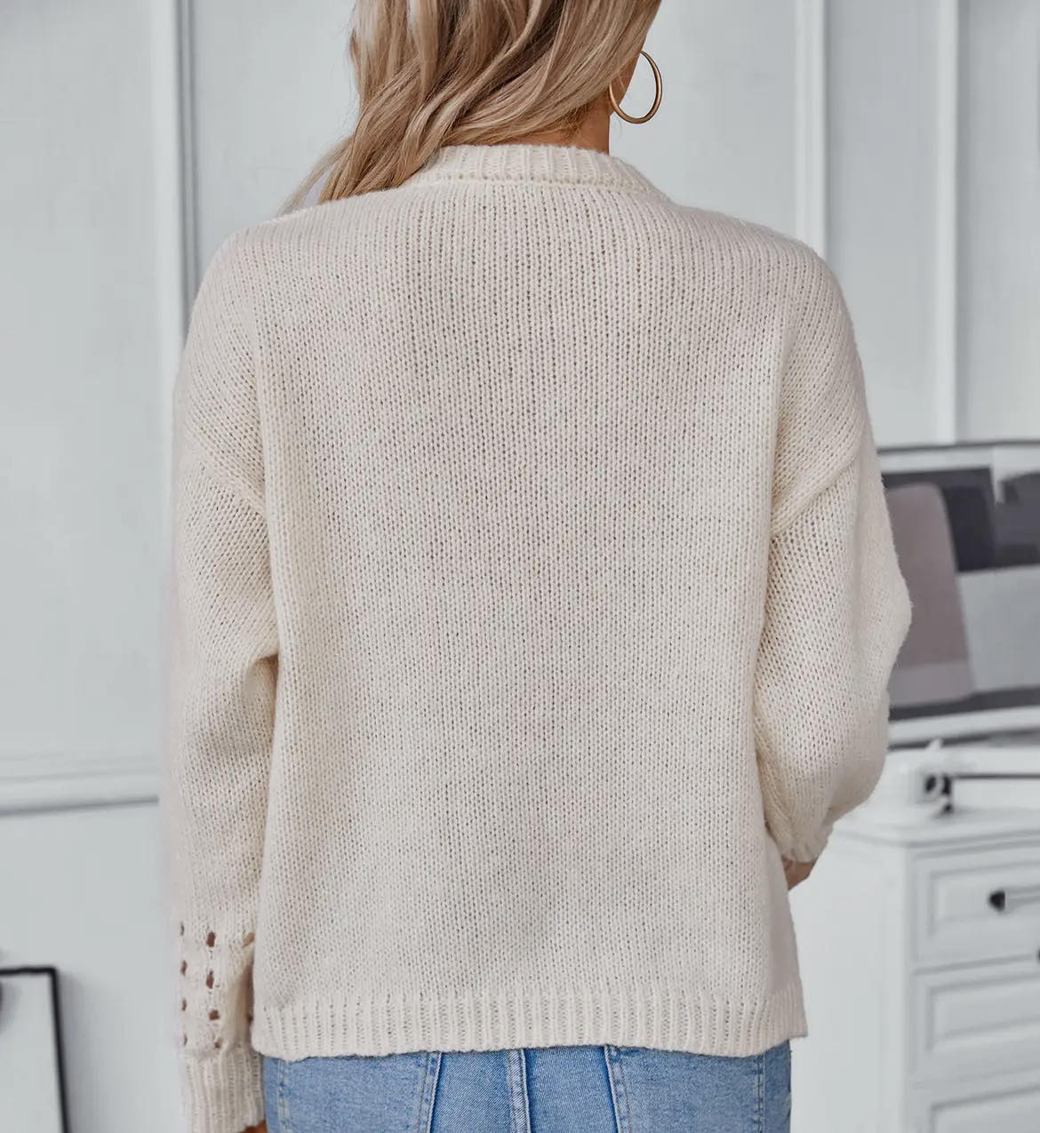 Hollowed Out Pullover Round Neck Sweater