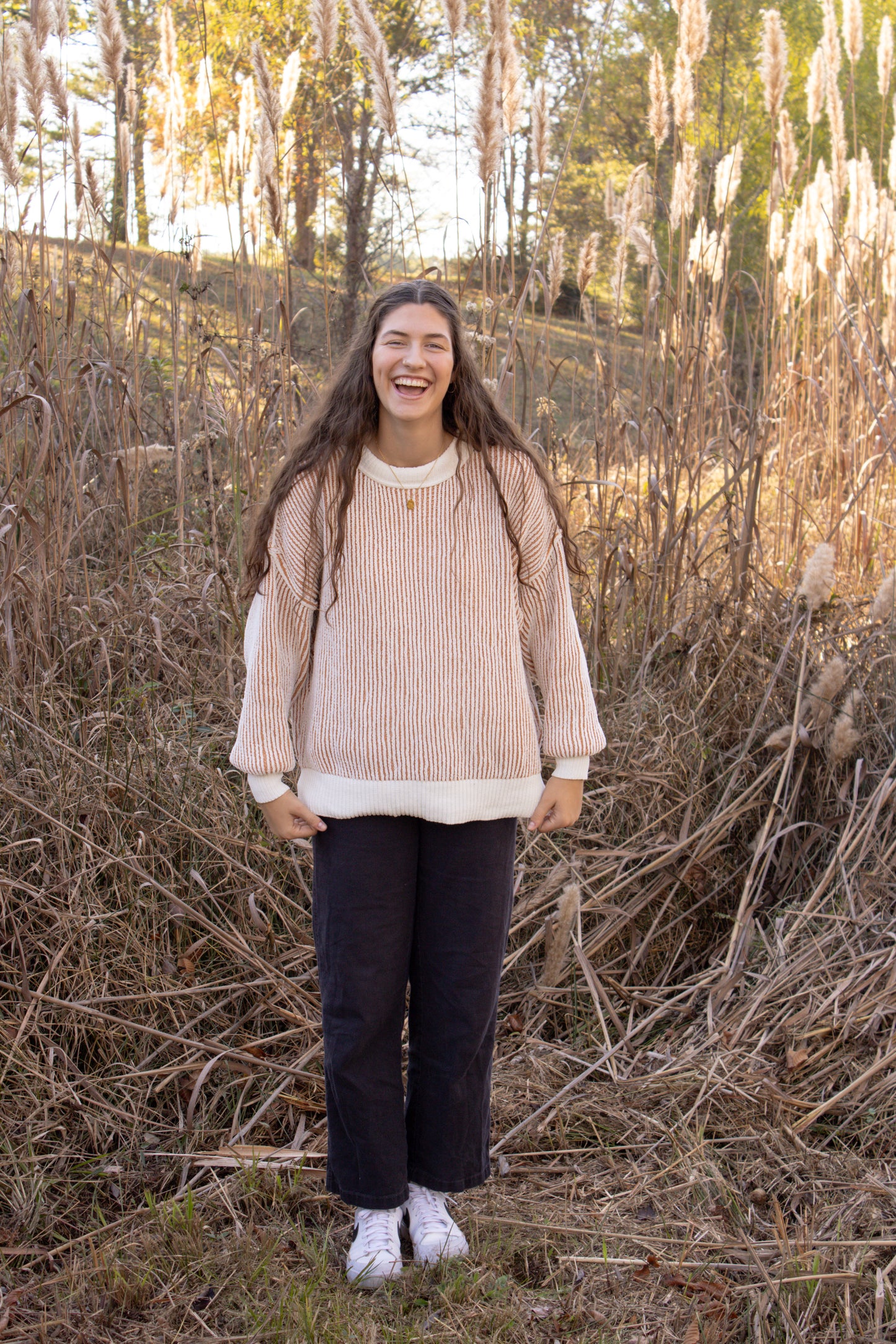 Chestnut Striped Textured Knit Loose Sweater